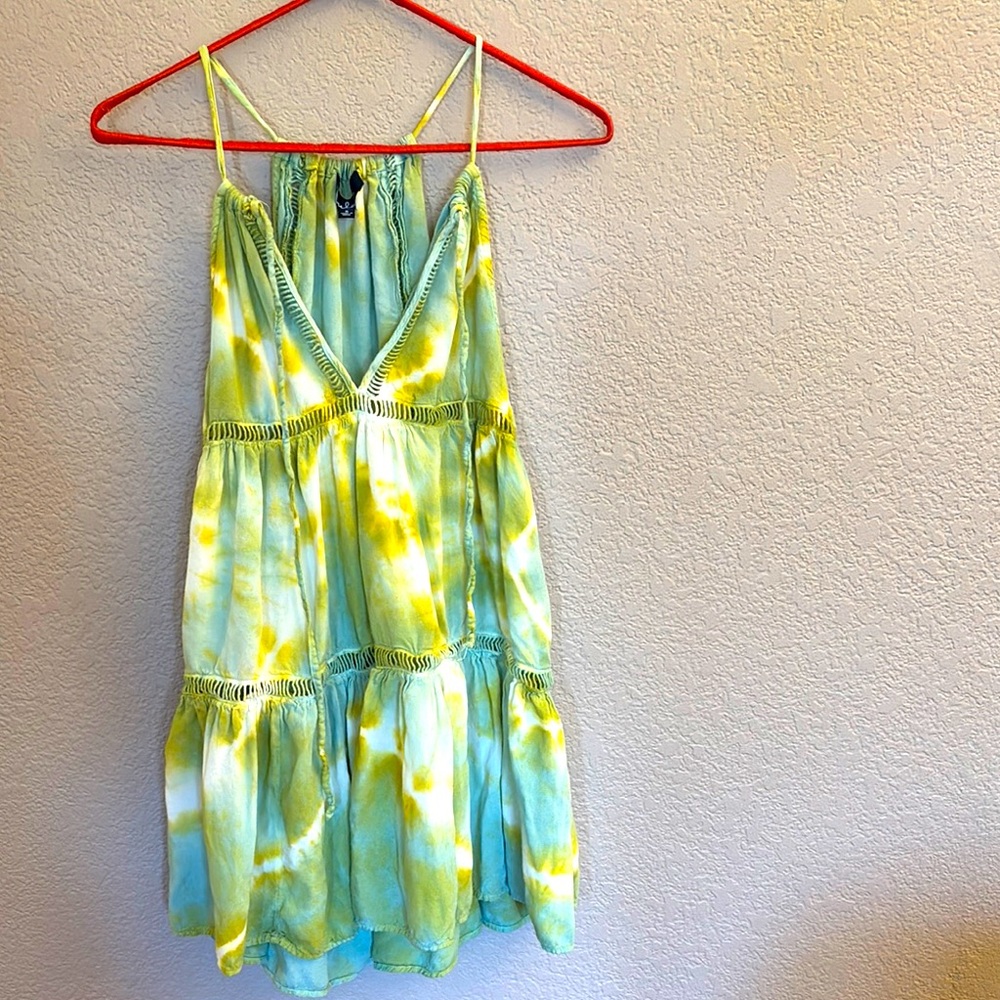 Lulus | Green Yellow White Tie Dye Boho Flowy Dress | Beach Vacation Hippie Item
